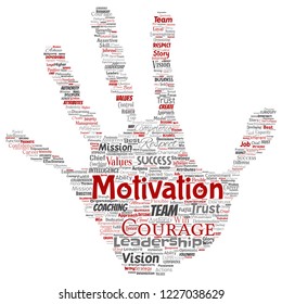 Vector conceptual business leadership strategy, management value hand print stamp word cloud isolated background. Collage of success, achievement, responsibility, intelligence authority or competence