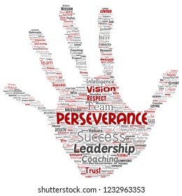 Vector conceptual business leadership strategy, management value hand print stamp word cloud isolated background. Collage of success, achievement, responsibility, intelligence authority or competence