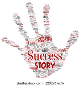 Vector conceptual business leadership strategy, management value hand print stamp word cloud isolated background. Collage of success, achievement, responsibility, intelligence authority or competence