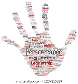 Vector conceptual business leadership strategy, management value hand print stamp word cloud isolated background. Collage of success, achievement, responsibility, intelligence authority or competence