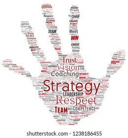 Vector conceptual business leadership strategy, management value hand print stamp word cloud isolated background. Collage of success, achievement, responsibility, intelligence authority or competence