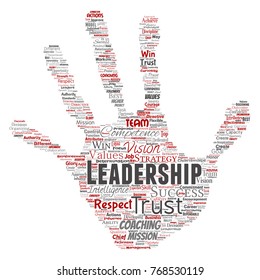 Vector conceptual business leadership strategy, management value hand print stamp word cloud isolated background. Collage of success, achievement, responsibility, intelligence authority or competence