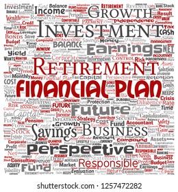 Vector conceptual business or personal financial plan square red finance strategy word cloud isolated background. Collage of income, investment or money for future retirement, security concept design