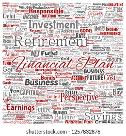 Vector conceptual business or personal financial plan square red finance strategy word cloud isolated background. Collage of income, investment or money for future retirement, security concept design