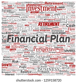 Vector conceptual business or personal financial plan square red finance strategy word cloud isolated background. Collage of income, investment or money for future retirement, security concept design