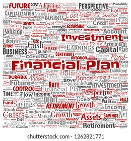 Vector conceptual business or personal financial plan square red finance strategy word cloud isolated background. Collage of income, investment or money for future retirement, security concept design