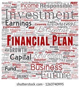Vector conceptual business or personal financial plan square red finance strategy word cloud isolated background. Collage of income, investment or money for future retirement, security concept design