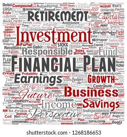 Vector conceptual business or personal financial plan square red finance strategy word cloud isolated background. Collage of income, investment or money for future retirement, security concept design