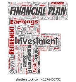 Vector conceptual business or personal financial plan letter font red finance strategy word cloud isolated background. Collage of income money investment, future retirement security concept design