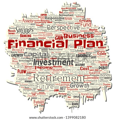 Vector conceptual business or personal financial plan old torn paper red finance strategy word cloud isolated background. Collage of income money investment or future retirement security concept