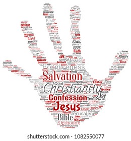 Vector conceptual christianity, jesus, bible, testament hand print stamp  word cloud isolated background. Collage of teachings, salvation resurrection, heaven, confession, forgiveness, love concept