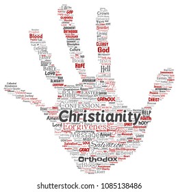 Vector conceptual christianity, jesus, bible, testament hand print stamp  word cloud isolated background. Collage of teachings, salvation resurrection, heaven, confession, forgiveness, love concept