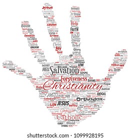 Vector conceptual christianity, jesus, bible, testament hand print stamp  word cloud isolated background. Collage of teachings, salvation resurrection, heaven, confession, forgiveness, love concept