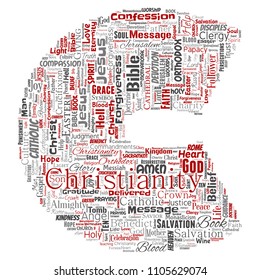 Vector conceptual christianity, jesus, bible, testament letter font C red  word cloud isolated background. Collage of teachings, salvation resurrection, heaven, confession, forgiveness, love concept