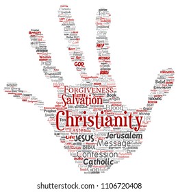 Vector conceptual christianity, jesus, bible, testament hand print stamp  word cloud isolated background. Collage of teachings, salvation resurrection, heaven, confession, forgiveness, love concept