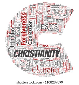 Vector conceptual christianity, jesus, bible, testament letter font C red  word cloud isolated background. Collage of teachings, salvation resurrection, heaven, confession, forgiveness, love concept