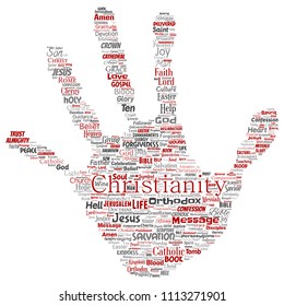 Vector conceptual christianity, jesus, bible, testament hand print stamp  word cloud isolated background. Collage of teachings, salvation resurrection, heaven, confession, forgiveness, love concept