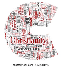 Vector conceptual christianity, jesus, bible, testament letter font C red  word cloud isolated background. Collage of teachings, salvation resurrection, heaven, confession, forgiveness, love concept