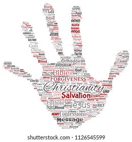 Vector conceptual christianity, jesus, bible, testament hand print stamp  word cloud isolated background. Collage of teachings, salvation resurrection, heaven, confession, forgiveness, love concept