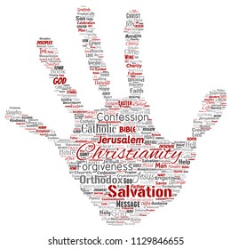 Vector conceptual christianity, jesus, bible, testament hand print stamp  word cloud isolated background. Collage of teachings, salvation resurrection, heaven, confession, forgiveness, love concept