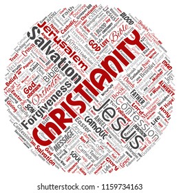 Vector conceptual christianity, jesus, bible, testament round circle red  word cloud isolated background. Collage of teachings, salvation resurrection, heaven, confession, forgiveness, love concept