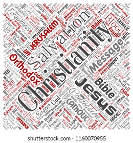 Vector conceptual christianity, jesus, bible, testament square red red  word cloud isolated background. Collage of teachings, salvation resurrection, heaven, confession, forgiveness, love concept