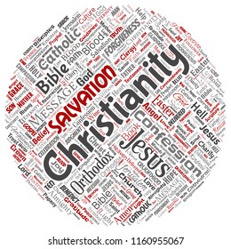 Vector conceptual christianity, jesus, bible, testament round circle red  word cloud isolated background. Collage of teachings, salvation resurrection, heaven, confession, forgiveness, love concept