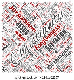 Vector conceptual christianity, jesus, bible, testament square red  word cloud isolated background. Collage of teachings, salvation resurrection, heaven, confession, forgiveness, love concept