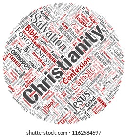 Vector conceptual christianity, jesus, bible, testament round circle red  word cloud isolated background. Collage of teachings, salvation resurrection, heaven, confession, forgiveness, love concept