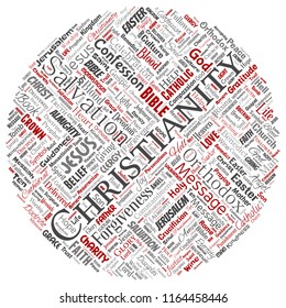 Vector conceptual christianity, jesus, bible, testament round circle red  word cloud isolated background. Collage of teachings, salvation resurrection, heaven, confession, forgiveness, love concept