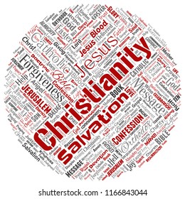 Vector conceptual christianity, jesus, bible, testament round circle red  word cloud isolated background. Collage of teachings, salvation resurrection, heaven, confession, forgiveness, love concept