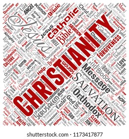 Vector conceptual christianity, jesus, bible, testament square red  word cloud isolated background. Collage of teachings, salvation resurrection, heaven, confession, forgiveness, love concept