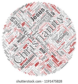 Vector conceptual christianity, jesus, bible, testament round circle red  word cloud isolated background. Collage of teachings, salvation resurrection, heaven, confession, forgiveness, love concept