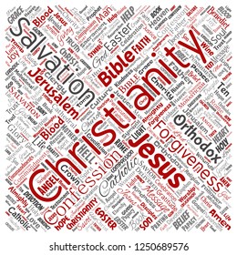 Vector conceptual christianity, jesus, bible, testament square red  word cloud isolated background. Collage of teachings, salvation resurrection, heaven, confession, forgiveness, love concept