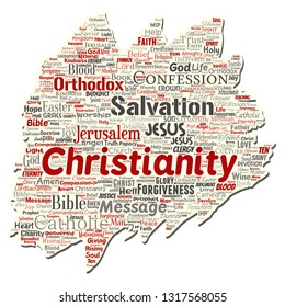 Vector conceptual christianity, jesus, bible, testament old torn paper  word cloud isolated background. Collage of teachings, salvation resurrection, heaven, confession, forgiveness, love concept