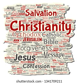 Vector conceptual christianity, jesus, bible, testament old torn paper  word cloud isolated background. Collage of teachings, salvation resurrection, heaven, confession, forgiveness, love concept