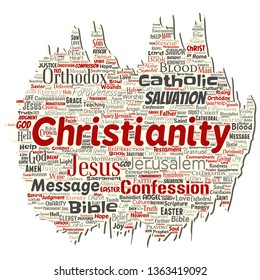 Vector conceptual christianity, Jesus, bible, testament old torn paper  word cloud isolated background. Collage of teachings, salvation resurrection, heaven, confession, forgiveness, love concept