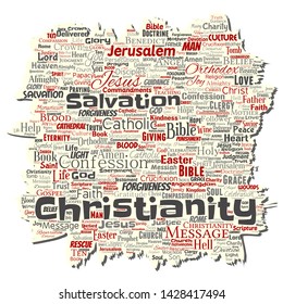 Vector conceptual christianity, jesus, bible, testament old torn paper  word cloud isolated background. Collage of teachings, salvation resurrection, heaven, confession, forgiveness, love concept