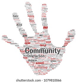Vector conceptual community, social, connection hand print stamp word cloud isolated background. Collage of group, teamwork, diversity, friendship, communication, inclusion, care, respect concept