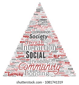 Vector conceptual community, social, connection triangle arrow red word cloud isolated background. Collage of group, teamwork, diversity, friendship, communication, inclusion, care, respect concept