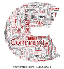 Comunidad conceptual vectorial, social, letra de conexión fuente C palabra roja nube aislado fondo. Collage de grupo, trabajo en equipo, diversidad, amistad, comunicación, inclusión, cuidado, respeto concepto