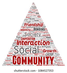 Vector conceptual community, social, connection triangle arrow red word cloud isolated background. Collage of group, teamwork, diversity, friendship, communication, inclusion, care, respect concept