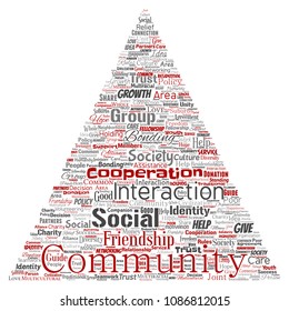 Vektor konzeptuelle Gemeinschaft, sozial, Verbindung Dreieck Pfeil rote Wort Cloud isolierten Hintergrund. Kollektion von Gruppen, Teamwork, Vielfalt, Freundschaft, Kommunikation, Inklusion, Betreuung, Respektskonzept