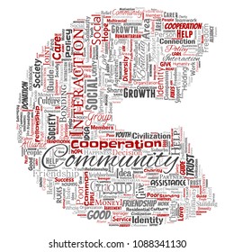 Comunidad conceptual vectorial, social, letra de conexión fuente C palabra roja nube aislado fondo. Collage de grupo, trabajo en equipo, diversidad, amistad, comunicación, inclusión, cuidado, respeto concepto