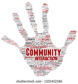 Vector conceptual community, social, connection hand print stamp word cloud isolated background. Collage of group, teamwork, diversity, friendship, communication, inclusion, care, respect concept