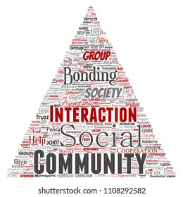 Vector conceptual community, social, connection triangle arrow red word cloud isolated background. Collage of group, teamwork, diversity, friendship, communication, inclusion, care, respect concept