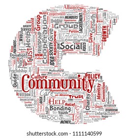 Vector conceptual community, social, connection letter font C red word cloud isolated background. Collage of group, teamwork, diversity, friendship, communication, inclusion, care, respect concept