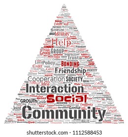 Vector conceptual community, social, connection triangle arrow red word cloud isolated background. Collage of group, teamwork, diversity, friendship, communication, inclusion, care, respect concept