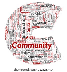 Comunidad conceptual vectorial, social, letra de conexión fuente C palabra roja nube aislado fondo. Collage de grupo, trabajo en equipo, diversidad, amistad, comunicación, inclusión, cuidado, respeto concepto