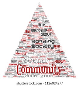 Vektor konzeptuelle Gemeinschaft, sozial, Verbindung Dreieck Pfeil rote Wort Cloud isolierten Hintergrund. Kollektion von Gruppen, Teamwork, Vielfalt, Freundschaft, Kommunikation, Inklusion, Betreuung, Respektskonzept